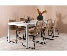 Lauko baldų komplektas Venture Design Valgomojo stalas ir kėdžių komplektas 200x100 cm, baltas ąžuolas, juoda, smėlio spalvos virvė