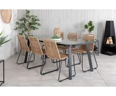 Lauko baldų komplektas Venture Design Valgomojo stalas ir kėdžių komplektas Paola ir Lindos 200x100 cm juodas stiklas plienas pintas rotangas