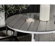 Lauko baldų komplektas Venture Design Valgomojo komplektas apvalus stalas 90 cm baltas pilkas 2 sukraunami kėdės juodos aliuminio virvė
