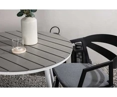 Venture Design Valgomojo komplektas apvalus stalas 90 cm baltas pilkos spalvos valgomojo kėdės juodos pilkos spalvos aliuminis pagalvėlė