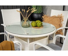 Lauko baldų komplektas Venture Design Valgomojo stalas ir fotelio komplektas Volta 90 cm baltas stiklas rotangas plienas pintas