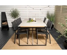 Lauko baldų komplektas Venture Design Valgomojo stalas Texas 200x100 cm Juodas stiklas Teko Pilkas fotelio komplektas
