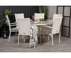 Lauko baldų komplektas Venture Design Valgomojo stalas ir fotelio komplektas Volta ir Anna 150 cm baltas stiklas rotangas plienas pintas
