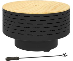 "Outsunny" 3-in-1 ugniakuras Ø60 x 39cm nerūdijančio plieno ugniakuras su grotelėmis pokerio apsauga nuo kibirkščių, medžio išvaizdos ugniakuras ugnies krepšys sodui, balkonui terasai, lauko BBQ kempingui medžio anglis pilka