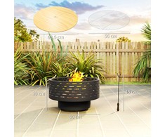 "Outsunny" 3-in-1 ugniakuras Ø60 x 39cm nerūdijančio plieno ugniakuras su grotelėmis pokerio apsauga nuo kibirkščių, medžio išvaizdos ugniakuras ugnies krepšys sodui, balkonui terasai, lauko BBQ kempingui medžio anglis pilka