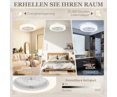 HOMCOM Lubų ventiliatorius su apšvietimu, nuotolinio valdymo pulteliu, LED ventiliatorius, lubų šviestuvas, reguliuojamas ryškumas, 6 greičiai, 40 W lemputė su keičiamu ventiliatoriumi, laikmatis miegamajam, baltas, 46 cm