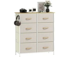 HOMCOM komoda su 8 šiuolaikinių stalčių, plieniniais strypais, mediniu paviršiumi, 4 laikymo kišenėmis, 2 kabliukais, smėlio spalvos