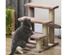 PawHut 3-pakopų naminių gyvūnėlių laiptai su draskyklėmis, kamuoliuku, šunų laiptai, naminių gyvūnėlių laiptai katėms iki 5kg, pliušas, džiutas, ruda, 45 x 40 x 48 cm | Aosom