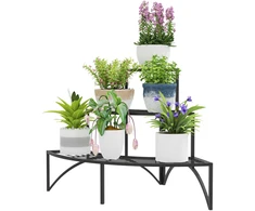 Outsunny 3 pakopų gėlių stovas, metalinis augalų stovas vidui ir laukui, kampinė gėlių lentyna, 60 cm aukščio, juodos spalvos