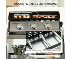 Outsunny dujinis grilis, stalo kepsninė BBQ su 3 degikliais, dujinis stalo grilis su žarna, dangčiu, kempingo grilis sodui, nerūdijantis plienas, metalas, juodas, 63 x 47 x 25 cm