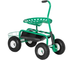 Outsunny sodo vežimėlis, dirbtuvių vežimėlis, sodo kėdė su besisukančia sėdyne ir krepšiu, reguliuojamo aukščio, 150 kg keliamoji galia, metalas+guma, žalia, 81 x 44,5 x 46–59 cm