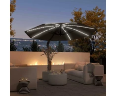 Outsunny konsolinis skėtis nuo saulės LED Solar Ø300cm reguliuojamo aukščio skėtis nuo saulės su rankena, stovu UV50+ atsparus vandeniui 360° besisukantis skėtis nuo saulės palenkiama sodo pavėsinė sodui, balkonui tamsiai pilka
