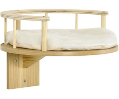 PawHut katės gultas tvirtinimui prie sienos, katės gultas su apsauginiu kraštu ir pagalvėle, ąžuolo spalva + kreminė balta, Ø34x10,5 cm