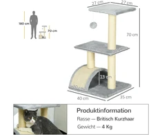 PawHut 72 cm draskyklė katėms – kačių medis su pliušiniu kamuoliuku, sizalio stulpais, platforma ir draskymo kilimėliu, šviesiai pilka