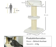 PawHut 91 cm kačių draskyklė, kačių bokštas su sizalio stulpais, platforma, pagalvėlėmis, kelių aukštų draskyklė, laipynė, vidutinio dydžio katėms, kreminė balta
