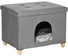 PawHut 2-in-1 kačių namelis ir kėdutė kojoms su pagalvėle, medinėmis kojelėmis, minkštas, pilkas