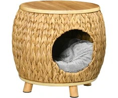 Pawhut kačių namelis, pintos tekstūros 2-in-1 dizainas, kačių gultas su pagalvėle, vandens hiacinto žolė ir Paulownia mediena, šviesiai ruda/pilka, 44 x 43 x 42 cm