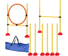 PawHut Agility rinkinys šunims, 4 dalių, užpildomas, agility įranga šunų dresūrai, kliūčių ruožas su reguliuojamo aukščio slalomo stulpais, šuolių kliūtimis ir žiedu, koordinacijos treniruotėms