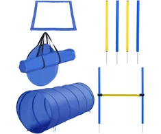 PawHut šunų dresūros rinkinys, šunų agility rinkinys, šunų dresūros kliūčių ruožas, įskaitant tunelį, slalomo stulpelius, kliūčių kartį, starto aikštelę, mėlynos ir geltonos spalvos