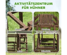 PawHut medinė vištų žaidimų aikštelė, vištų žaidimų kompleksas su laktomis, sūpynėmis, kopėčiomis ir platformomis, laipynė 3 vištoms, ruda