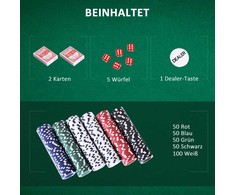 HOMCOM pokerio lagaminas, pokerio rinkinys, 500 žetonų, 2 kortų kaladės, 5 kauliukai, aliumininis lagaminas, pokerio rinkinys, žetonai, lagaminas, aliuminis + polistirenas, 55,5x22x6,5 cm