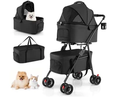 Promotions Dviejų vietų sulankstomas 3-in-1 augintinio vežimėlis su 2 nuimamais krepšiais 83x46x115 cm juodas