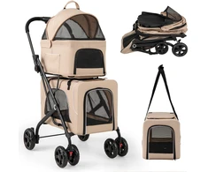 Promotions Dvivietis gyvūnų vežimėlis 3-in-1 su 2 nuimamais krepšiais, smėlio spalvos