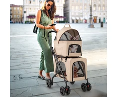 Promotions Dvivietis gyvūnų vežimėlis 3-in-1 su 2 nuimamais krepšiais, smėlio spalvos