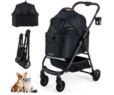 Promotions Gyvūnų vežimėlis, 76x53x100 cm, juodas, reguliuojamas tinklelio stogelis