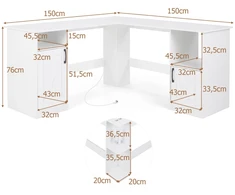 Promotions Kampinis stalas L formos kompiuterio stalas 150x150x76 cm baltas su saugojimo vieta