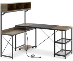 Promotions Kompiuterio stalas, L formos stalas su elektros lizdais, 158x123x142 cm, rudas, su laikymo vieta