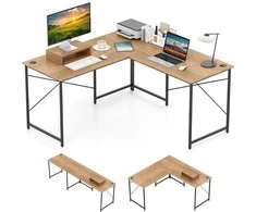 Promotions Kompiuterio stalas, L formos konvertuojamas kampinis stalas, 150x150x74,5 cm, natūralios spalvos, medžio drožlių plokštė, metalas