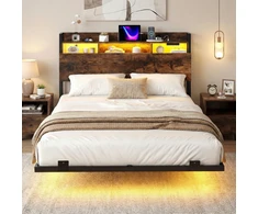 Promotions Lovos rėmas Plaukiojanti dvigulė lova su LED apšvietimu 218x140x106 cm Ruda metalinė su talpa
