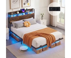 Promotions Lovos rėmas Plaukiojanti dvigulė lova su LED apšvietimu 218x140x106 cm Ruda metalinė su talpa