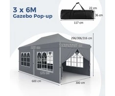 Promotions Pavėsinė, išskleidžiama pavėsinė su 6 šoninėmis sienelėmis ir užtrauktukais užsegamais įėjimais, 600x300x296 cm, pilka