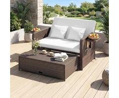 Promotions Sodo baldų komplektas, atlošiama poilsio sofa su pufiku, balto ratano