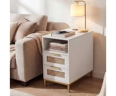 Sofa Promotions Šoninis staliukas su įkrovimo stotele, 60x35x61 cm, balta, ratanas ir medis