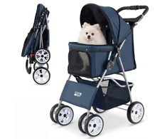 Promotions Sulankstomas gyvūnų vežimėlis su 4 ratais mažiems šunims/katėms iki 15 kg mėlynas