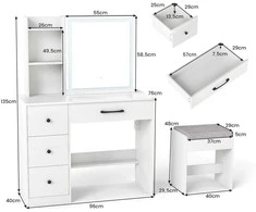 Promotions Tualetinis staliukas 96x40x135 cm baltas, LED stumdomas veidrodis, taburetė, laikymas