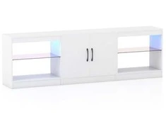 Promotions TV staliukas, 195x30x55 cm, balta, reguliuojamos stiklinės lentynos
