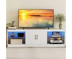 Promotions TV staliukas, 195x30x55 cm, balta, reguliuojamos stiklinės lentynos