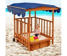 Promotions Vaikiška lauko medinė smėlio dėžė su ištraukiamu dangčiu ir ratukais 95x71x20 cm natūrali/mėlyna