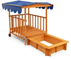 Promotions Vaikiška lauko medinė smėlio dėžė su ištraukiamu dangčiu ir ratukais 95x71x20 cm natūrali/mėlyna