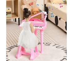 Promotions Vaikiškas pianino klaviatūros rinkinys su kėdute ir mikrofonu, 37 klavišai, rožinė