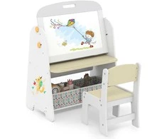 Promotions Vaikiškas stalas ir kėdžių komplektas 4-in-1 dailės molbertas ir knygų lentyna, 60x40x80 cm, balta geltona