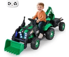 Promotions Elektrinis važiuojamas traktorius, 4-in-1 modelis su priekaba ir kaušu, žalias