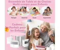 Promotions Vaikų stalas ir kėdžių komplektas, apvalus susidedantis stalas su 4 taburetėmis ir 4 stalčiais, rožinės ir baltos spalvos audinys