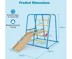 Promotions Vidaus džiunglių sporto aikštelė, 6-in-1 metalinis laipiojimo įrenginys su čiuožykla ir beždžionių strypais, 225x150x158 cm, daugiabriaunis