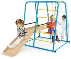 Promotions Vidaus džiunglių sporto aikštelė, 6-in-1 metalinis laipiojimo įrenginys su čiuožykla ir beždžionių strypais, 225x150x158 cm, daugiabriaunis