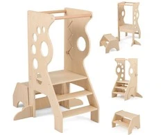 Promotions Virtuvinis laiptelis, 2-in-1 medinis mokymosi bokštas, 72x59x90,5 cm, natūralus, Montessori stilius